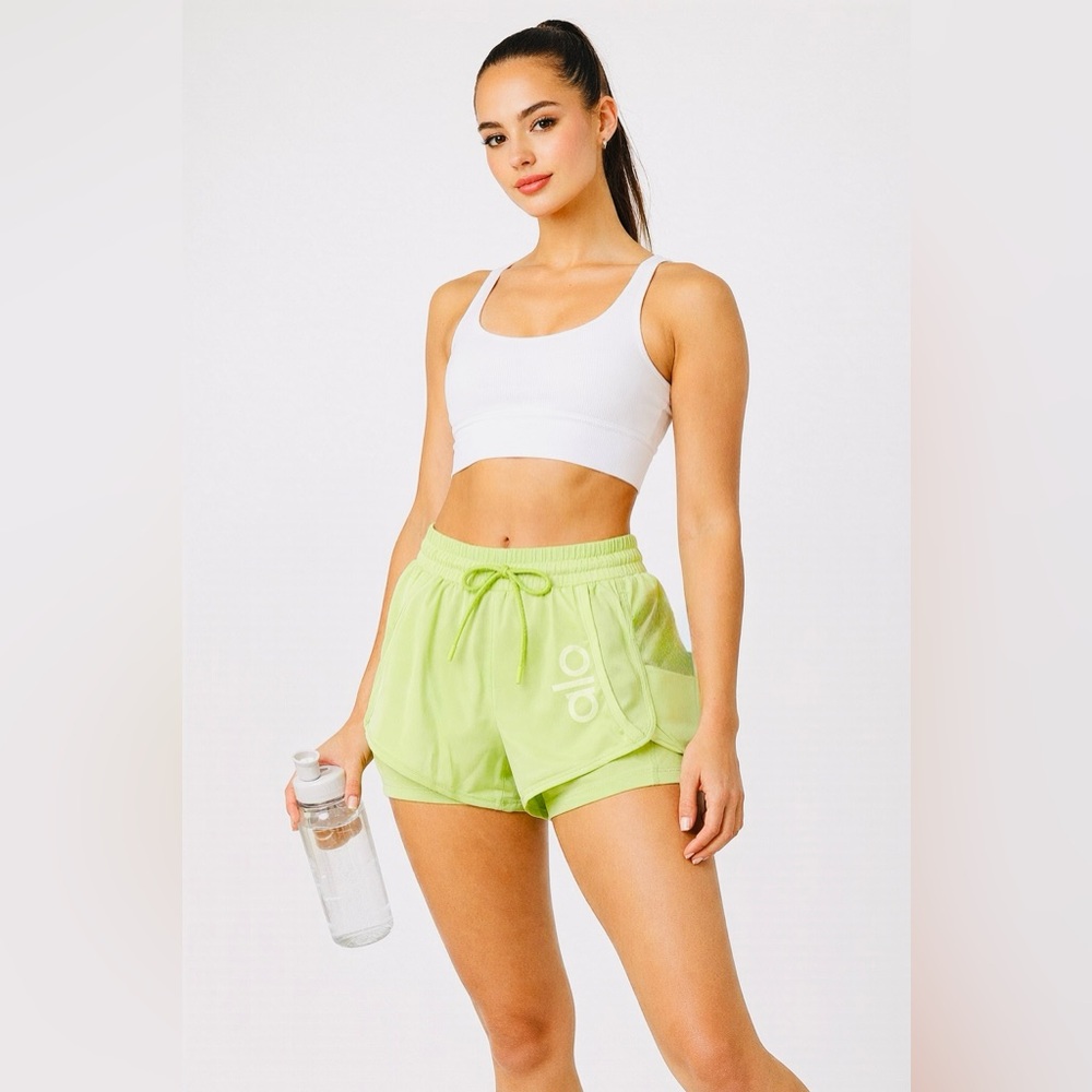 ALO Yoga Light Green Athletic Running Shorts with Built-In Brief